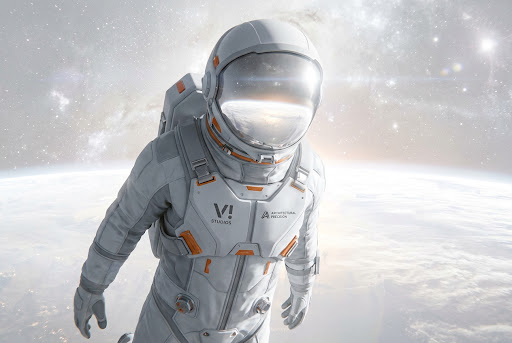 A high-end, professional cinematic shot of an astronaut in space for V! Studios.