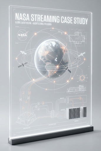 A high-end, professional vertical technical visualization for the NASA Streaming Case Study showing a global satellite network and data streaming pipeline.